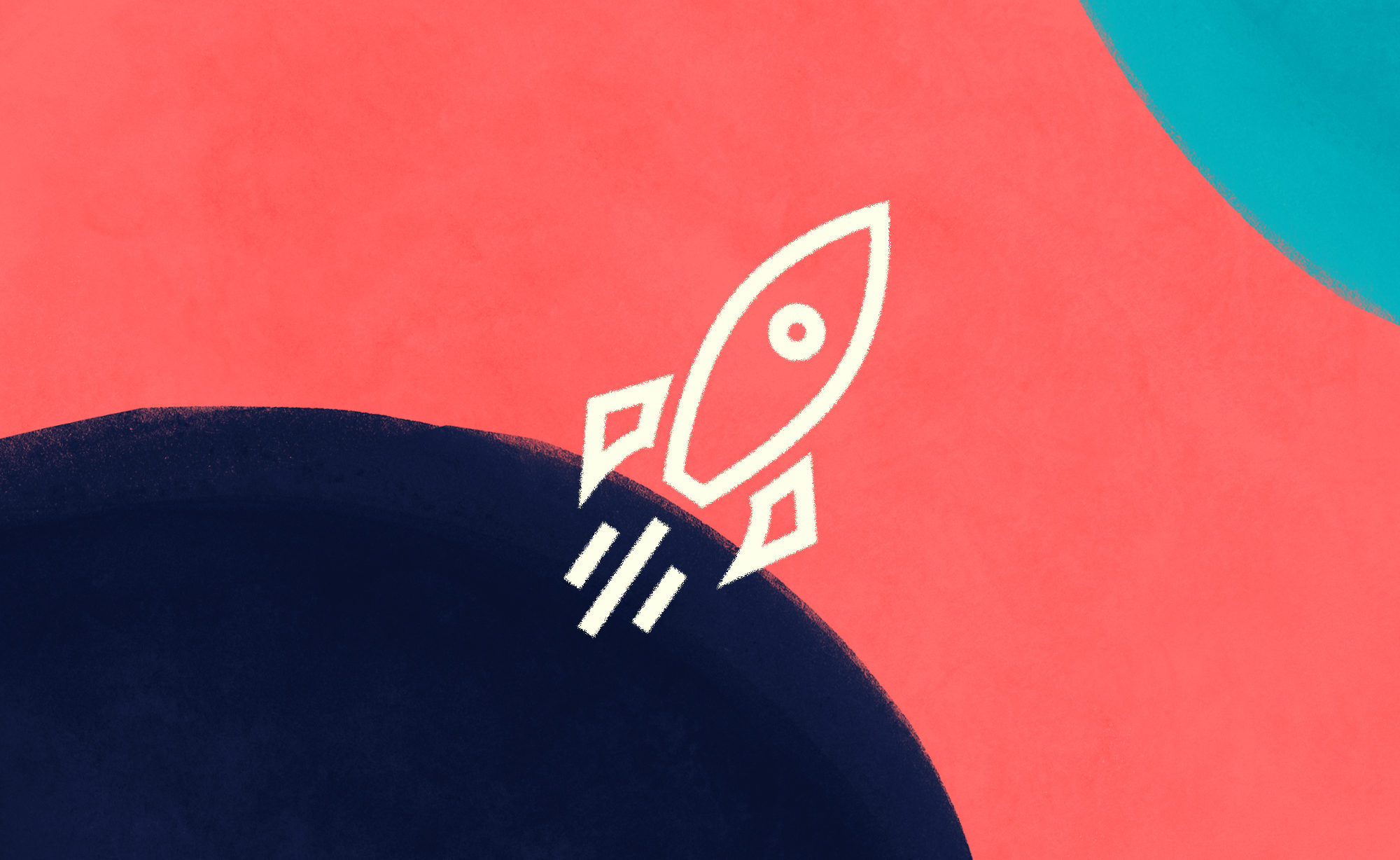 A launch rocket icon overlaid on a textured red, blue and turquoise backgrond