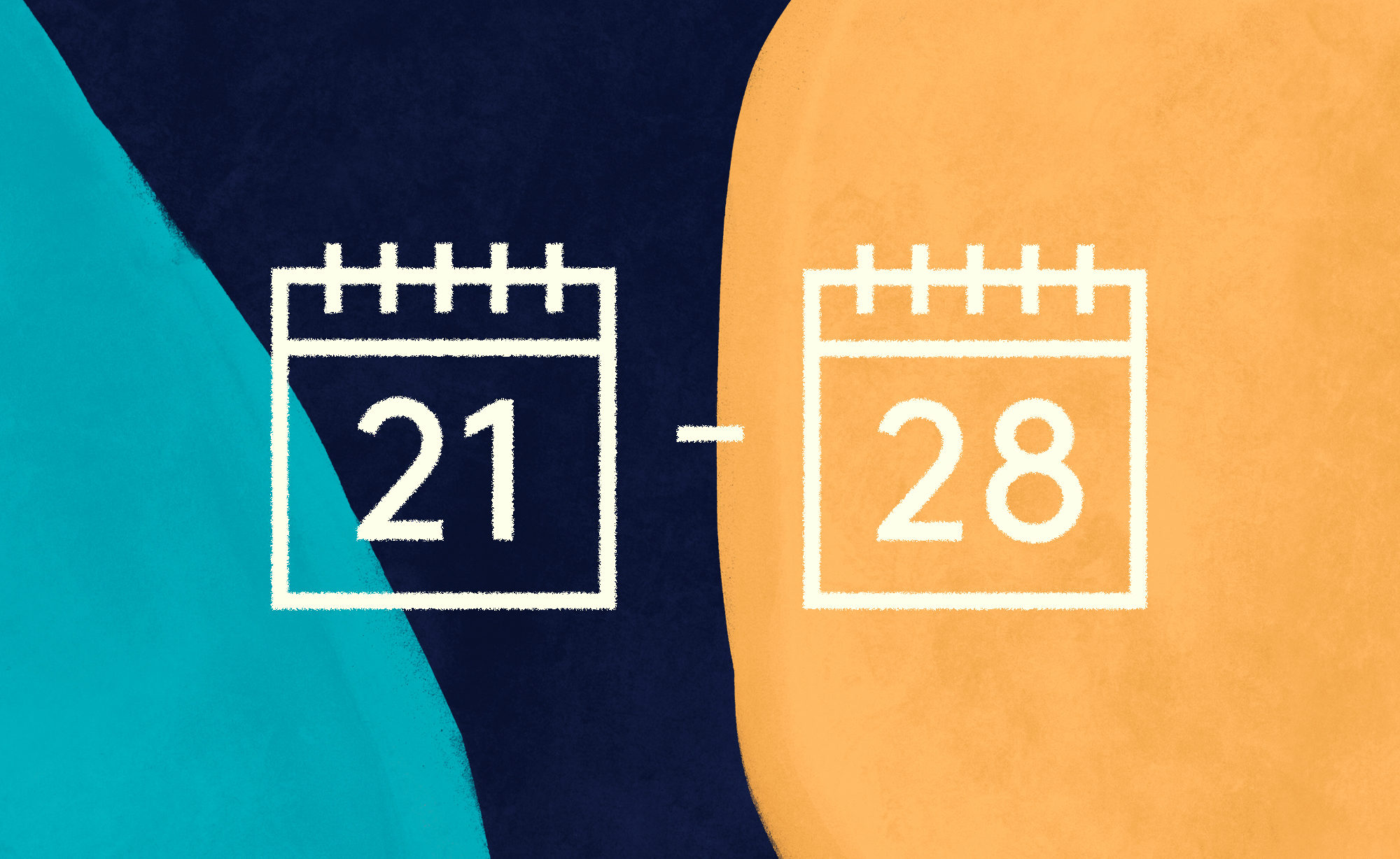Date range calendar icon overlaid on a textured dark blue, orange and turquoise background