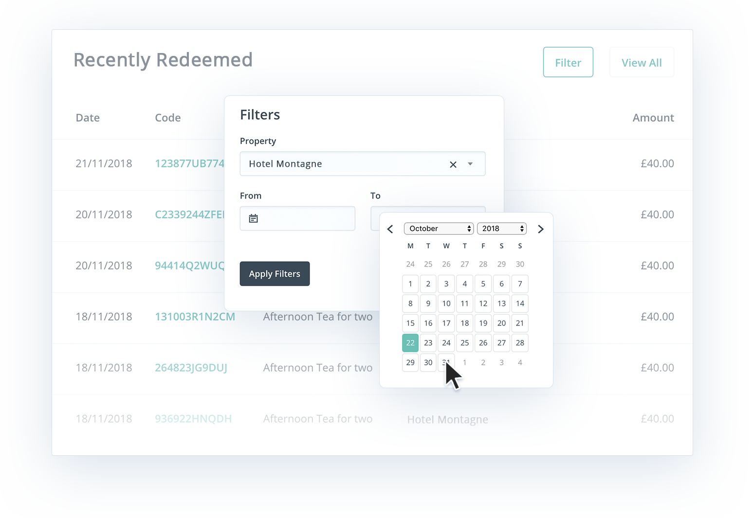 A close up screen shot showing a user filter redeemed vouchers Giftpro's admin area on a mint coloured background