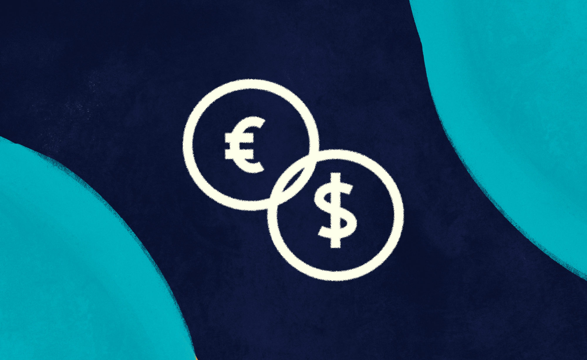 Multiple currency icon overlaid on a textured dark blue and turquoise background