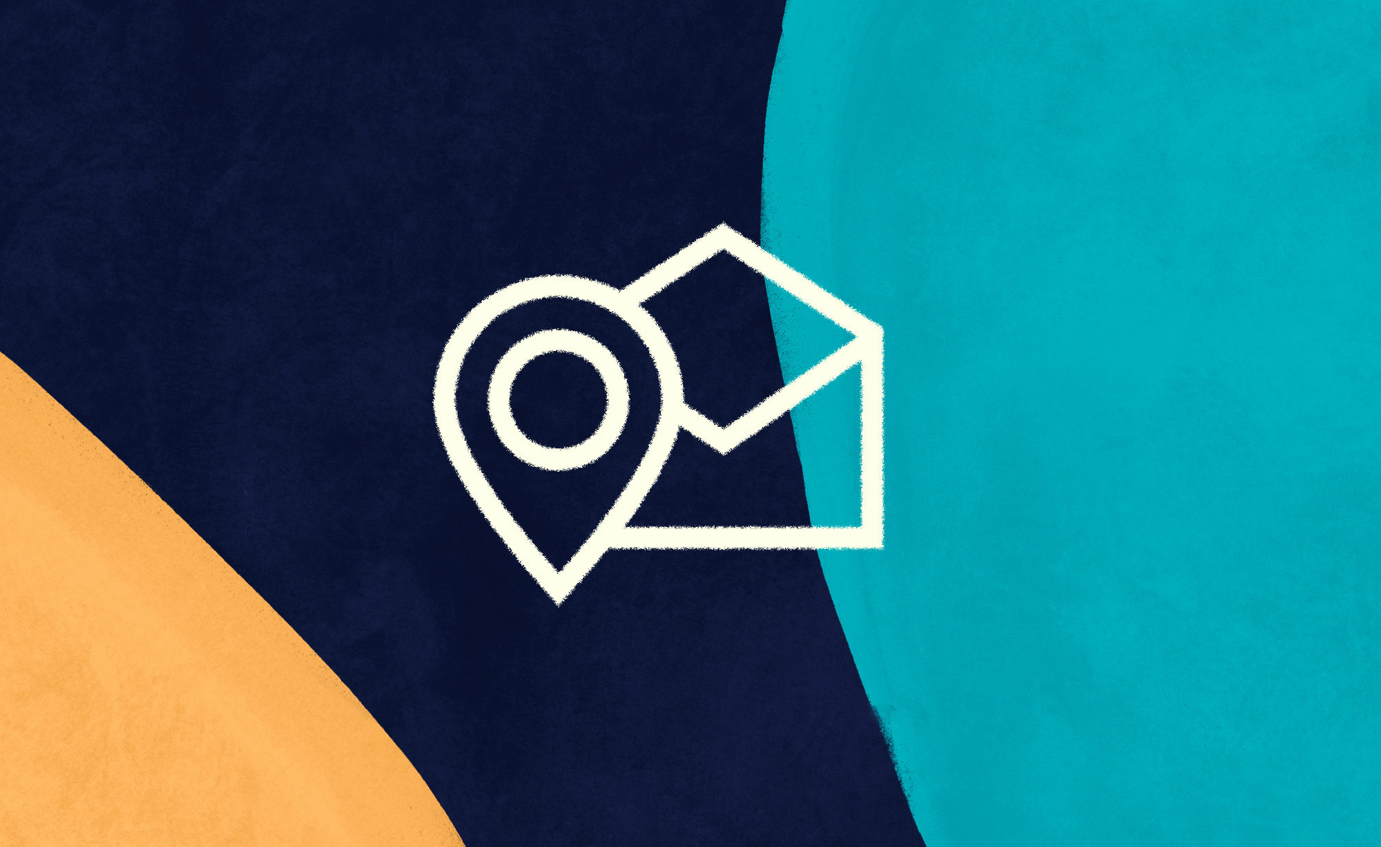 Location pointer and envelope icon on top of textured navy blue and turquoise and orange background 