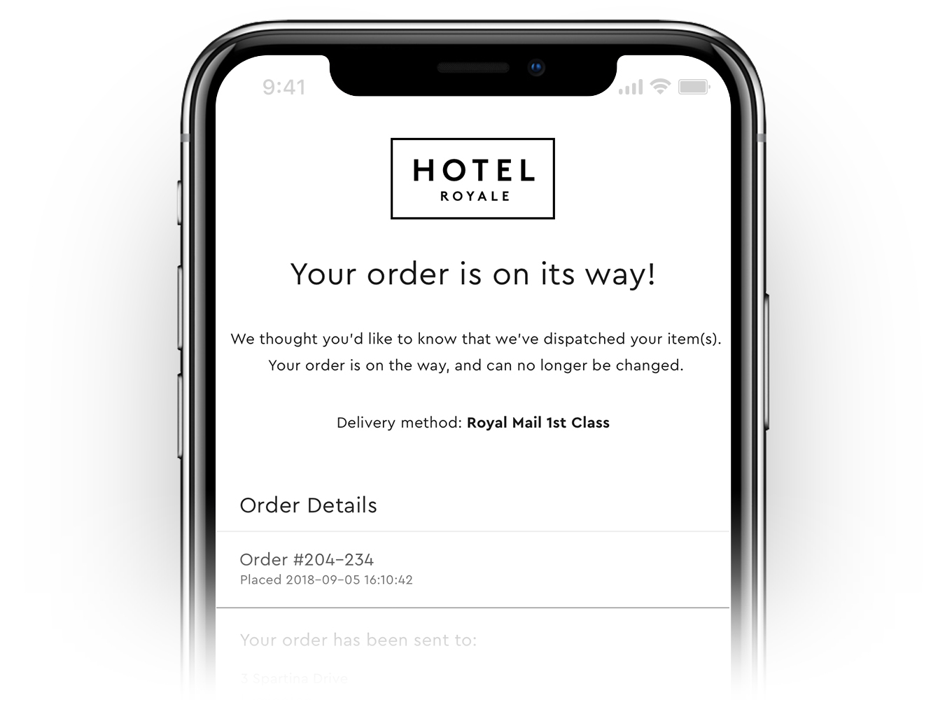 iPhone showing a dispatched order notification email