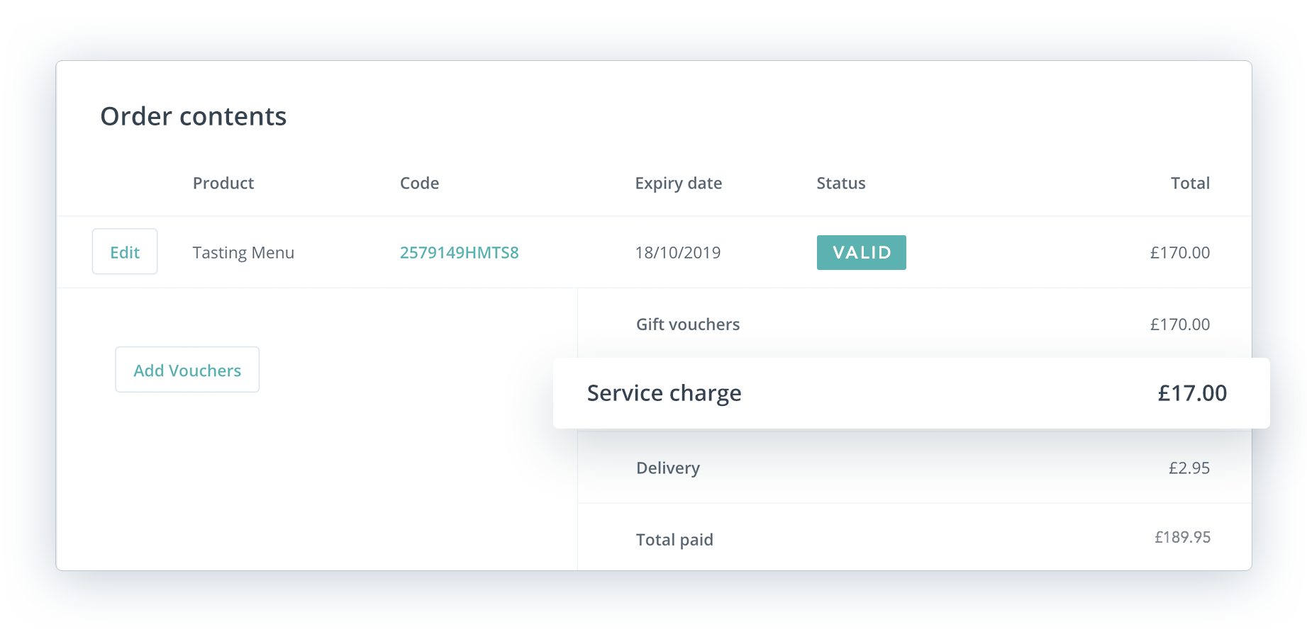 Image showing service charge line in giftpro admin area