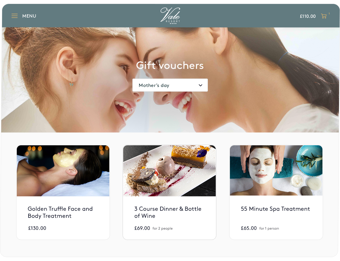 A Mother's Day category page, represented on The Vale Resorts Giftpro online gift voucher store.